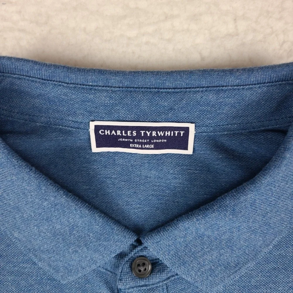 Charles Tyrwhitt Polo Shirt Mens XL Blue Solid Cotton Blend Short Sleeve
